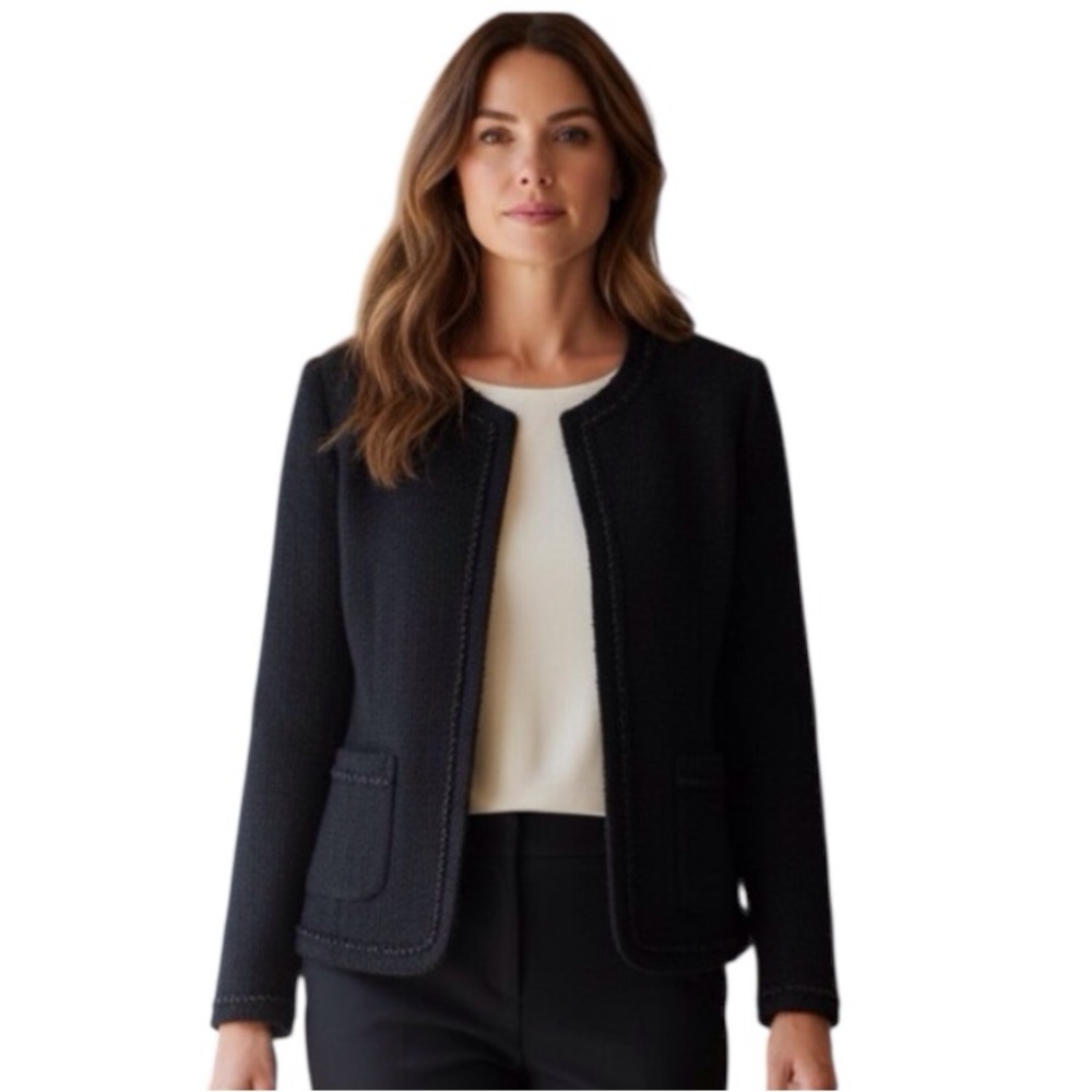 Black Tweed Lady Jacket Classic Black lined minimalist refined Blazer in size 12